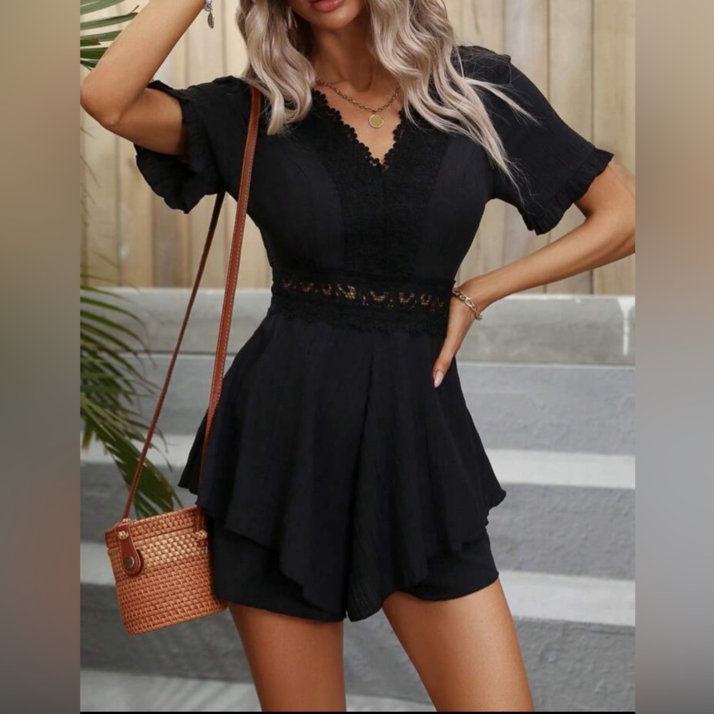 SHEIN Lace Insert Tie Backless Romper - Black - Size XL
